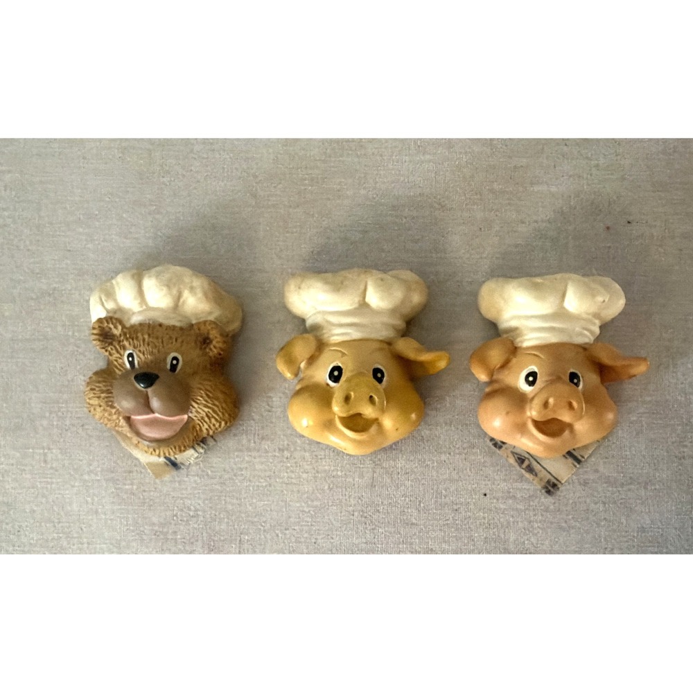 Vintage Lot of 2 Chef PIG and 1 Chef BEAR Refrigerator MAGNETS - ARTMARK